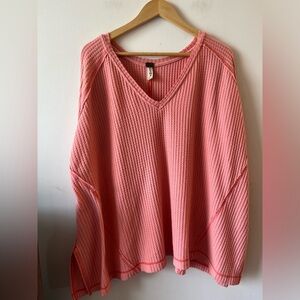 We the Free Free people Oversized Pink V-Neck Waffle Knit Top XS